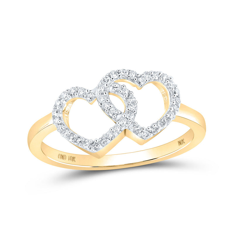 10kt Yellow Gold Womens Round Diamond Double Heart Ring 1/5 Cttw