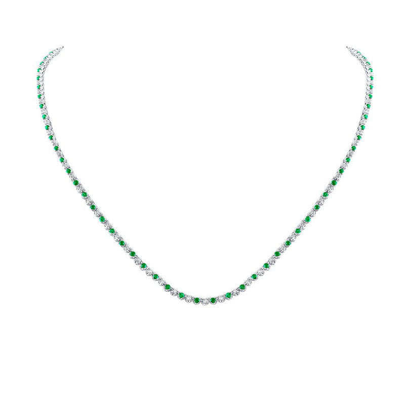 14kt White Gold Womens Round Emerald Diamond Single Row Tennis Necklace 5 Cttw