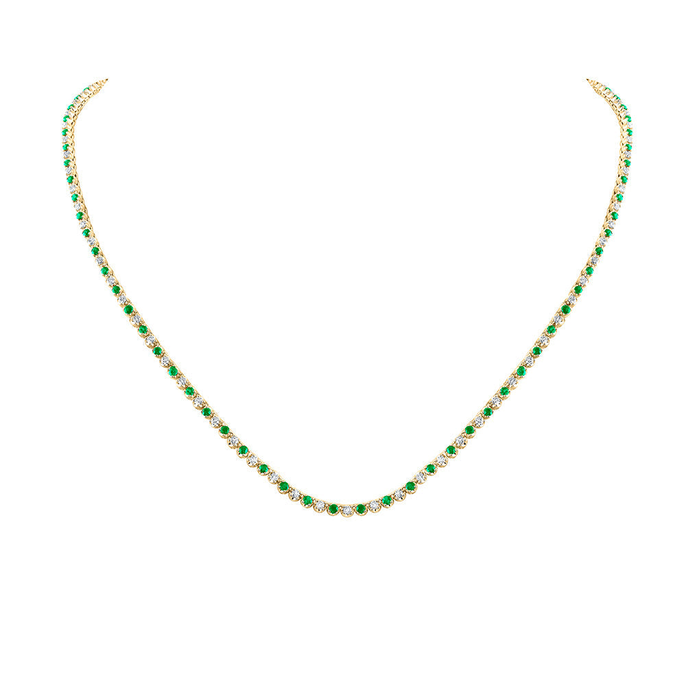 14kt Yellow Gold Womens Round Emerald Diamond Tennis Necklace 5-5/8 Cttw