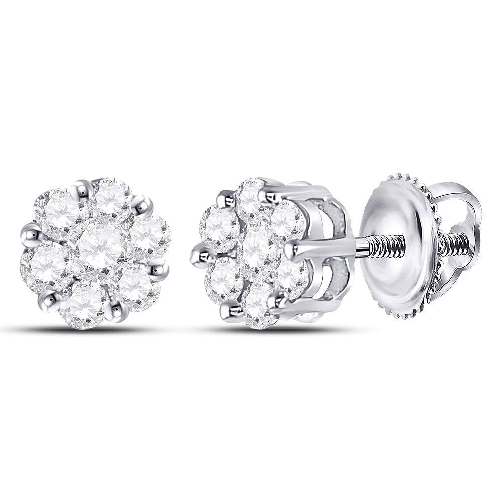 14kt White Gold Womens Round Diamond Flower Cluster Earrings 1/2 Cttw